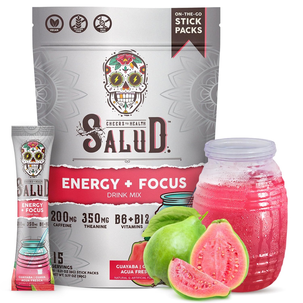 Salud 2in-1 Energy Drink Toz + Focus, Guava, Organik Caffeine, B6 + B12, Theanine, Clean Energy Drink Packets, Guayaba Agua Fresca Mix, Non-GMO, Gluten Free, Vegan, 1g of Sugar, (15 hizmet)