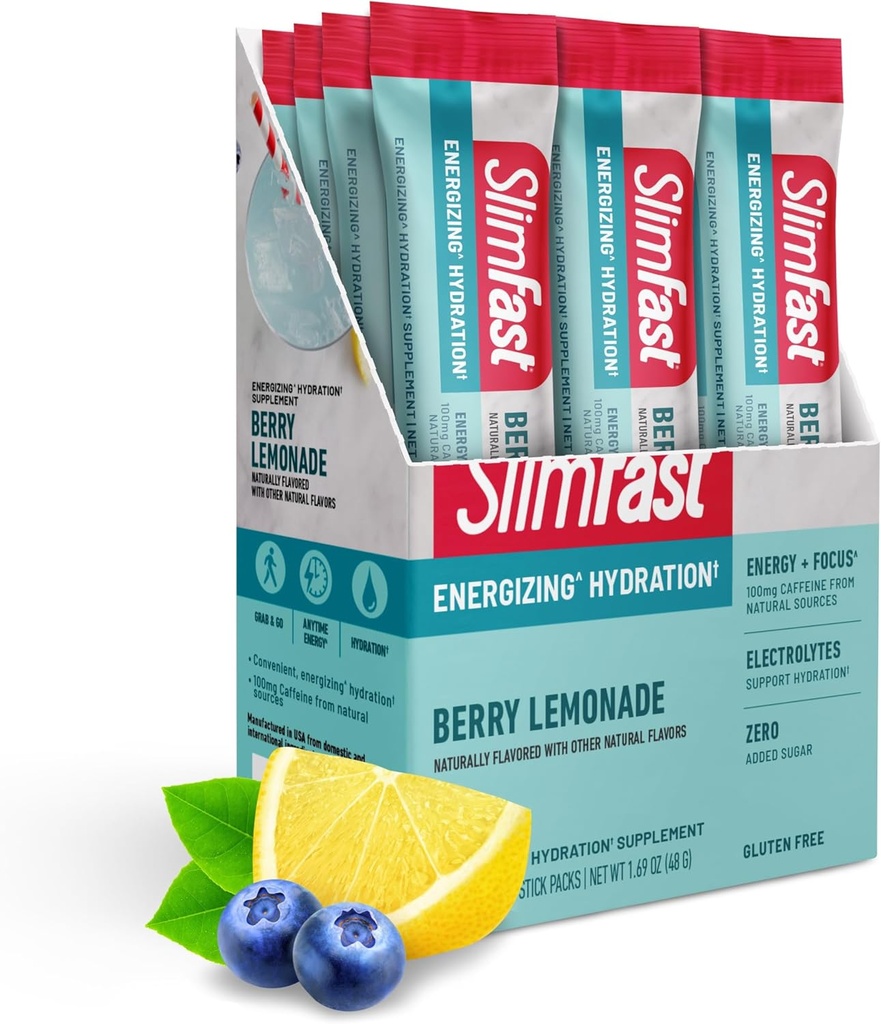 SlimFast Hydration Packets, Intermittent Fasting Electrolytes, Drink Mixets, Intermittent Fasting Toz, Energy Toz İçecek Mix, Caffeine, Electrolytes for Hydration, Berry Lemonade (12 Count)