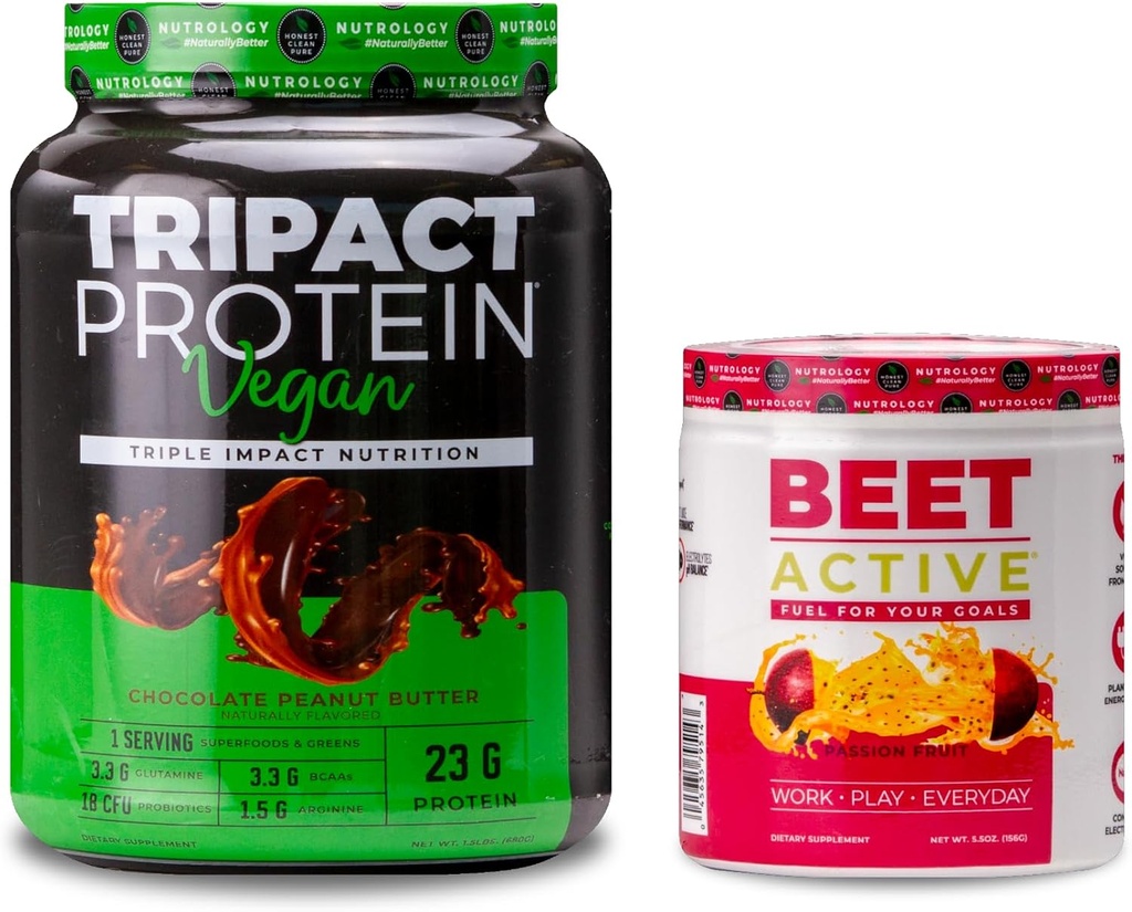 Nutrology TRIPACT Vegan Protein Tozu, Vegan Protein Shakes, Chocolate Peanut Butter (20 hizmet) & Beet Active, Passion Fruit Flavor (30 hizmet)
