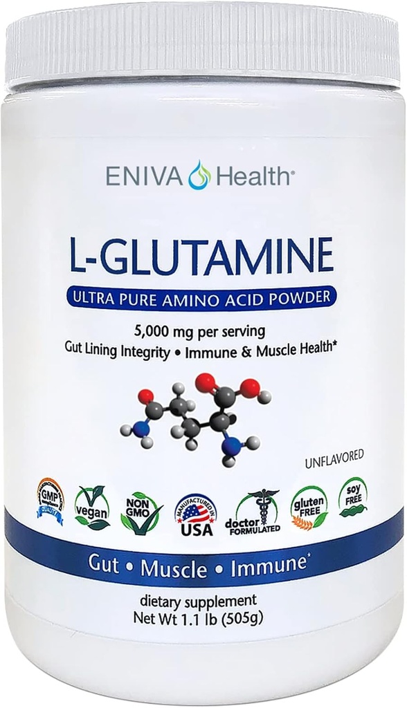 Eniva Health L-Glutamine Pure Toz, Unflavored (101 Hizmet) | Vegan, Gluten-Free, Sugar-Free, Non-GMO | Doktor-Former, ABD Made | Gut Health, Leaky Gut, Bloating, Muscle Health, Immune System