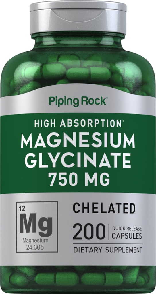 Piping Rock Magnezyum Glycinate Capsules | 750 mg | 200 Pills | Chelated Supplement | High Abors | Non-GMO ve Gluten Free