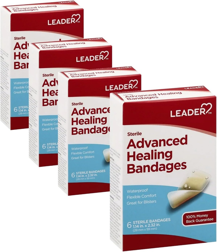 Lider Yapıştırıcı Bandajları Gelişmiş İyileştirme, Büyük Bir Boyut, 6 Kont - Su ve Esnek - 4 Pack