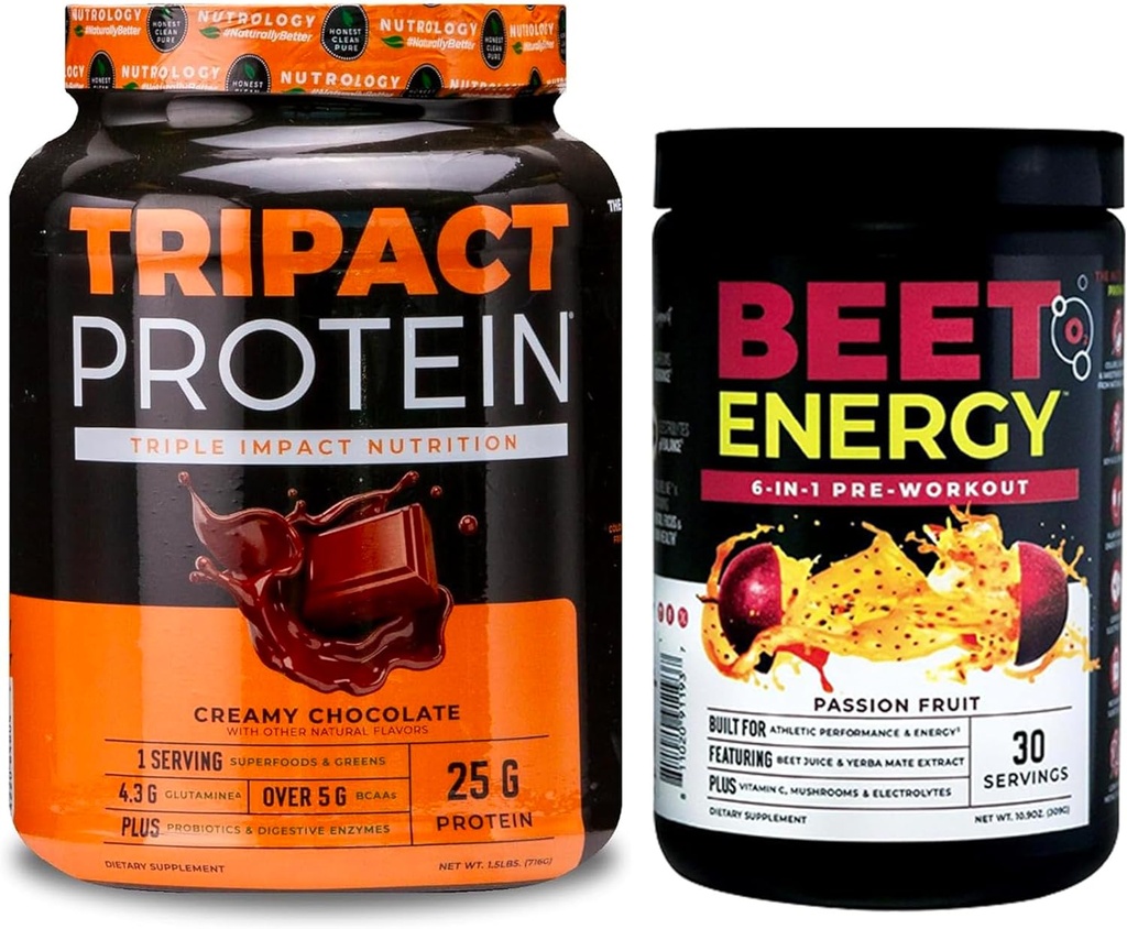 Nutrology Beet Natural O2, Pre Workout Toz, Passion Fruit Flavor (30 hizmet) TRIPACT protein Toz, 7-in-1 Mealchange Shake, Creamy Chocolate Flavor (20 hizmet)