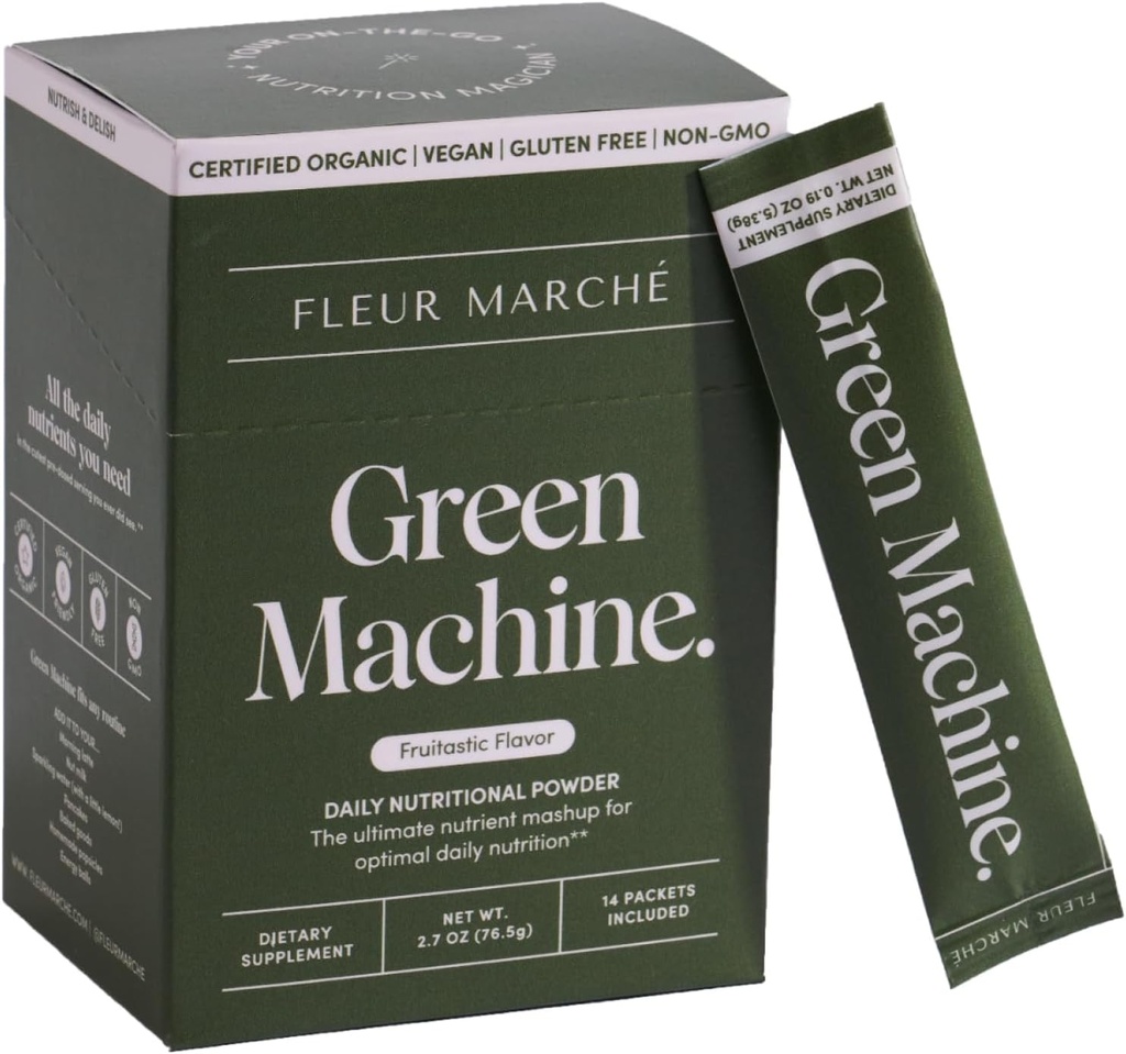 Fleur Marche Green Machine Super Greens Toz Paketleri - Organik Yeşiller, Meyve ve Probiyotikler - Digestion, Energy, Microbiome Support & Detox - On-go Green Juice - 14 Packets