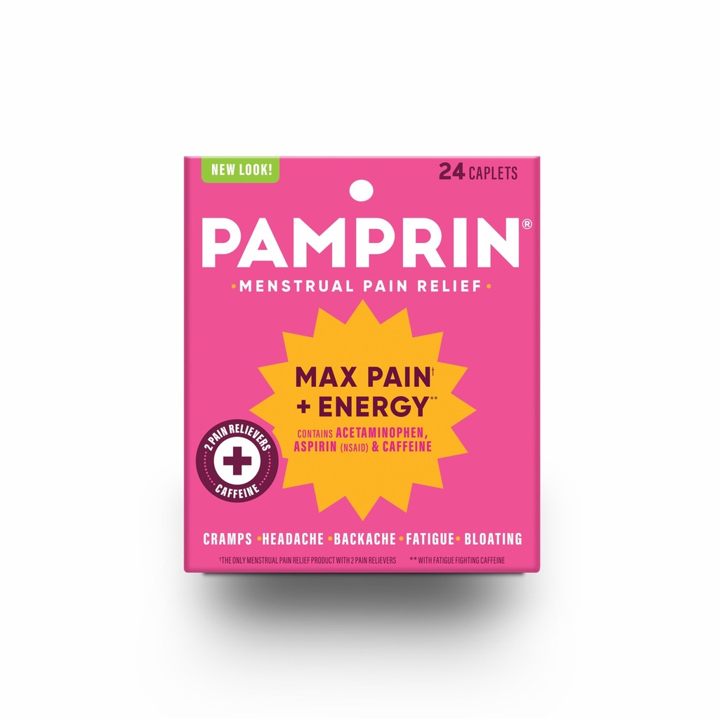 Pamprin Maximum Strength Max Pain and Energy Formula, Menstrual Period Symptoms Relief for Cramps, Bloating and Fatigue, 24 Caplets