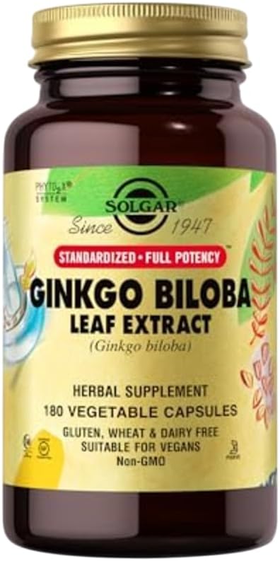 Solgar Ginkgo Biloba Leaf Extract - 180 Vegetable Capsules - Standardized Full Potency (SFP) - Non-GMO, Vegan, Gluten Free, Dairy Free, Kosher, Halal - 180 Servings