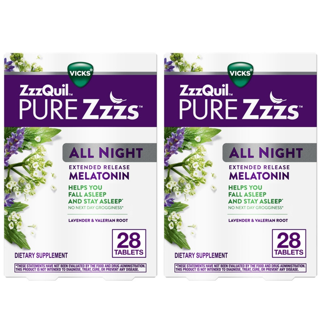 ZzzQuil Pure Zzzs All Night Extended release, Melatonin Sleep Aid Tabletleri, Helps You Stay Asleep Longer, Sleep Aid for Adults, 2 mg per Tablet, 56 Total Tabletler (2 Paketler 28)