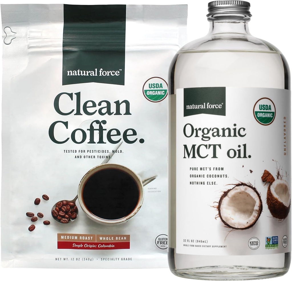 Doğal Kuvvet Organik Temiz Kahve + Organik MCT Petrol Paketi - 100% Saf Piramit MCTs & Moldova Ücretsiz Kahve - Non-GMO, Keto, Paleo ve Vegan - 12 Oz Bag ve 32 Oz Glass Şişe Şişe Şişe Şişe -