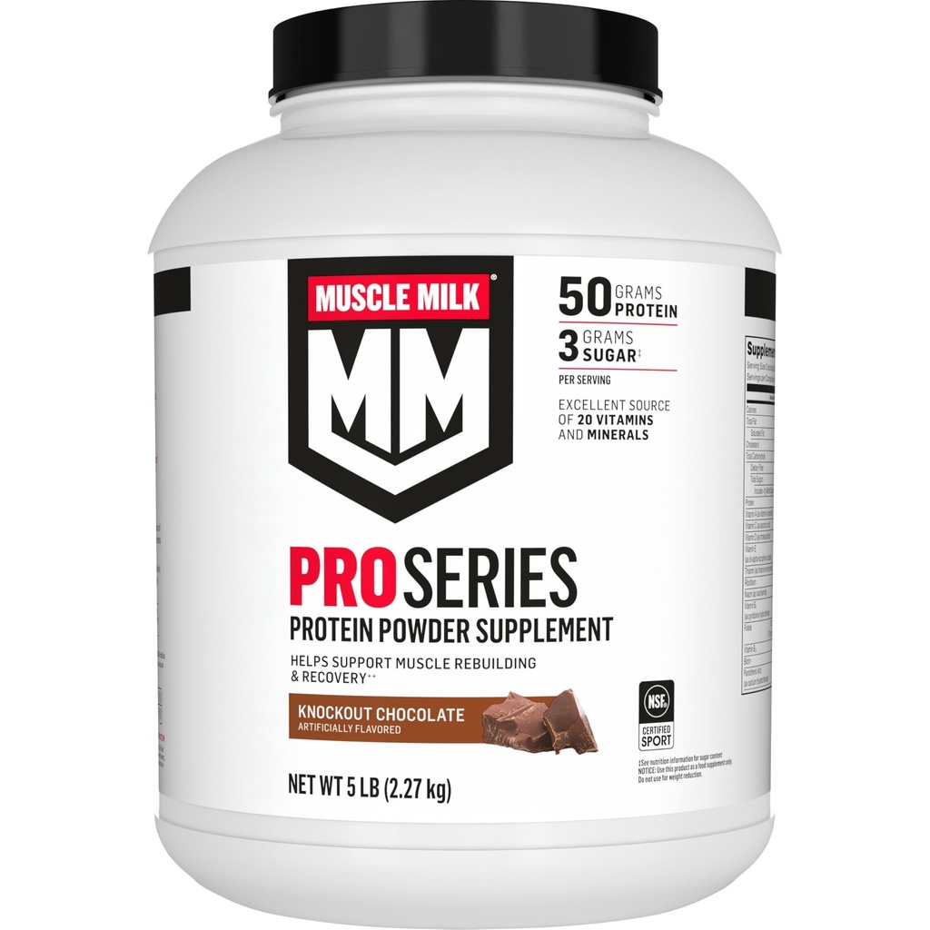 Muscle Milk Pro Series Protein Powder Supplement, Knockout Chocolate, 5 Pound, 28 Servings, 50g Protein, 3g Sugar, 20 Vitamins & Minerals, NSF Certified for Sport, Workout Recovery
