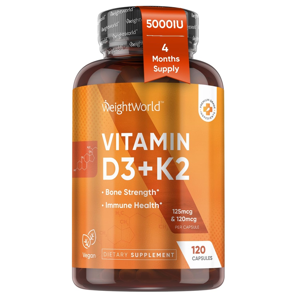 KiloWorld Vegan Vitamin D3 K2-120 Capsules - 5000 IU D3 & K2 120 Banyo Gücü ve Immune Health - K2 D3 Tamam Plant-Based Cholecalciferol from Wild-Harvested Lichen