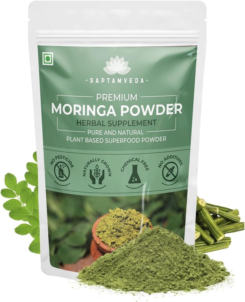 SAPTAMVEDA Premium Moringa Leaf Powder 8.81 Oz/250 Gm | Drumstick Leaf Powder | Natural Multi-Vitamin | Rich in Anti-Oxidant, Immunity Booster | Good for Hair & Skin from India Farms