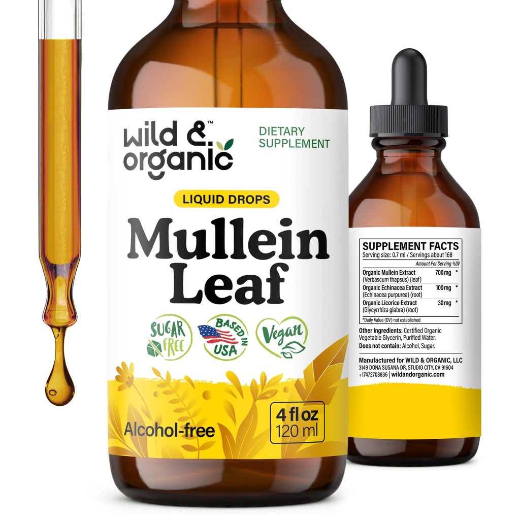 Wild & Organic Mullein Tincture - Lung Cleanse ve Detox - Echinacea ile Lungs için Sıvı Mullein Broşürü - Verbascum Thapsus Drops - Vegan, Sugar & Alkol Ücretsiz Supplement - 4 fl ozzz