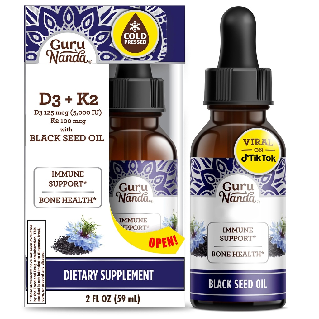 GuruNanda Black Seed Oil, Cold-Pressed Nigella Sativa - Vitamin D3 5000 Birimlerde Zengin, K2 & E, High Thymoquinone | Potent Antioksidan for Immune Support, Non-GMO, 2 Fl.oz