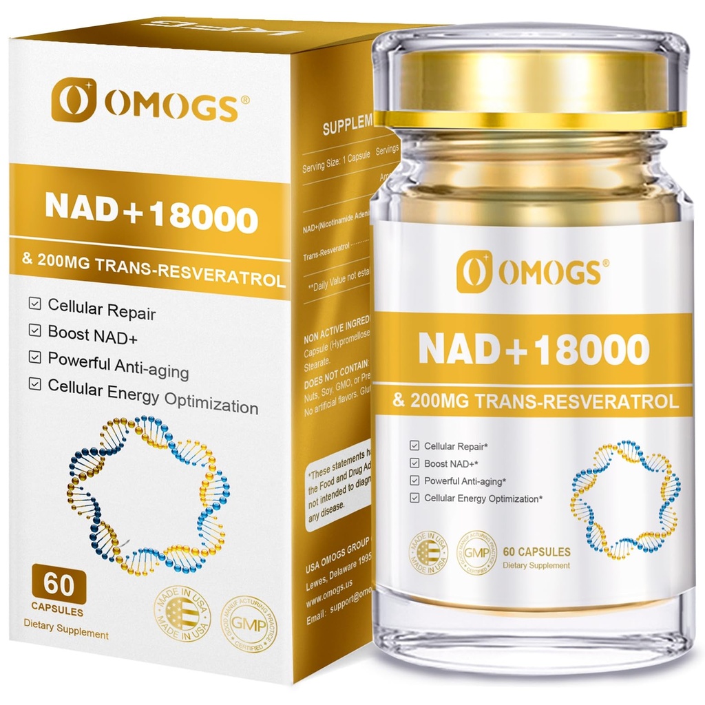 OMOGS NAD+ 300 mg + Trans-Resveratrol 200 mg, Pure NAD Supplement, Max Aborpsiyon, DNA Onarımı, Sağlıklı Ağlama, Hücre Enerji ve Uzun Yer, 60 Capsules