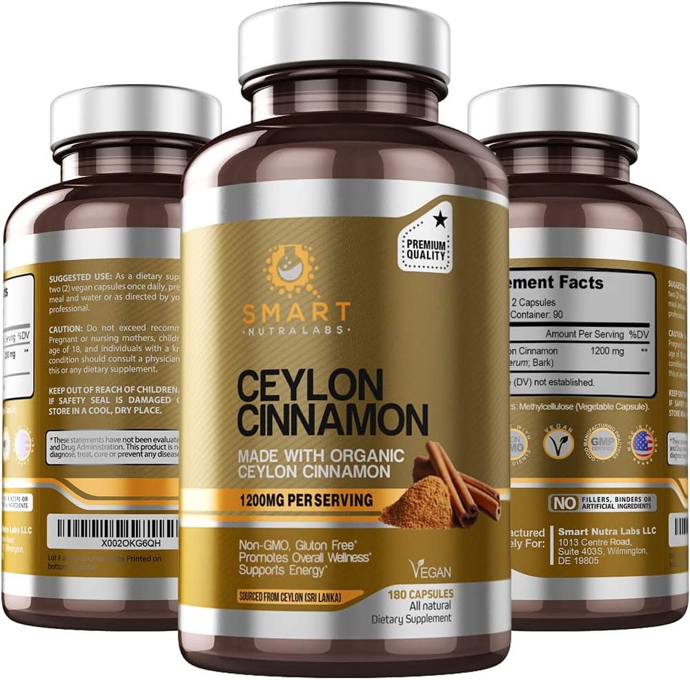Smart Nutra Labs Organik Ceylon Cinnamon Supplement 1200 mg hizmet başına, 180 Vegan Capsules, 100% Pure, True Ceylon Cinnamon