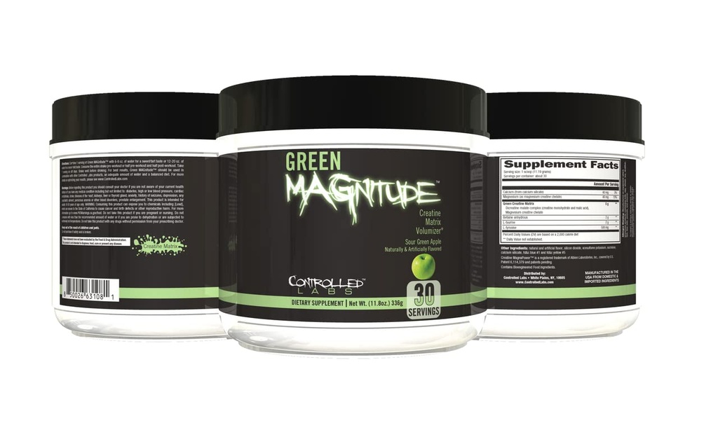 CONTROLLED LABS Green Magnitude Supplement, Synergistic Kretine Formula Toz, Güçlü, Stamina ve Performansı, (Sour Green Apple, 30 Hizmet)
