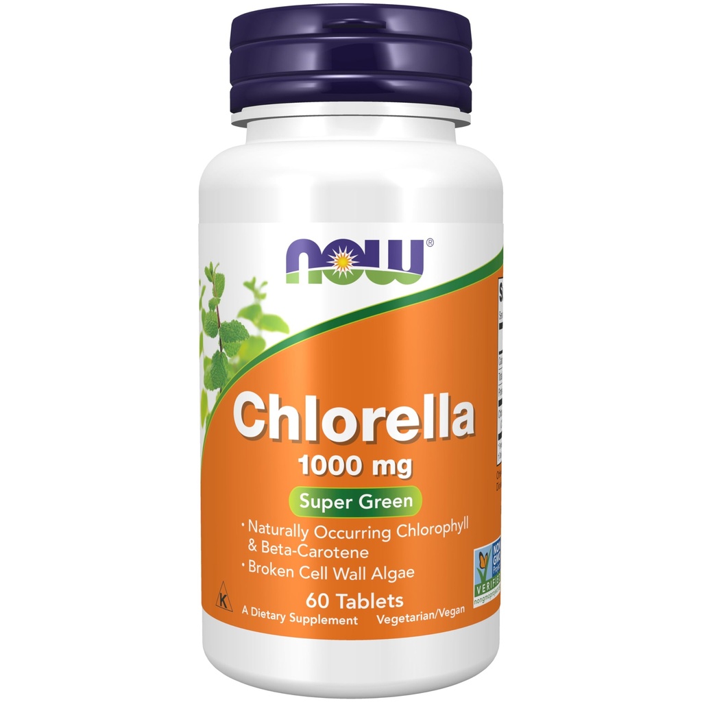 Şimdi Gıdalar Tamamlar, Chlorella 1000 mg doğal olarak klorophyll, Beta-Carotene, karışık Carotenoyaklar, C vitamini, Iron ve Protein, 60 Tabletler