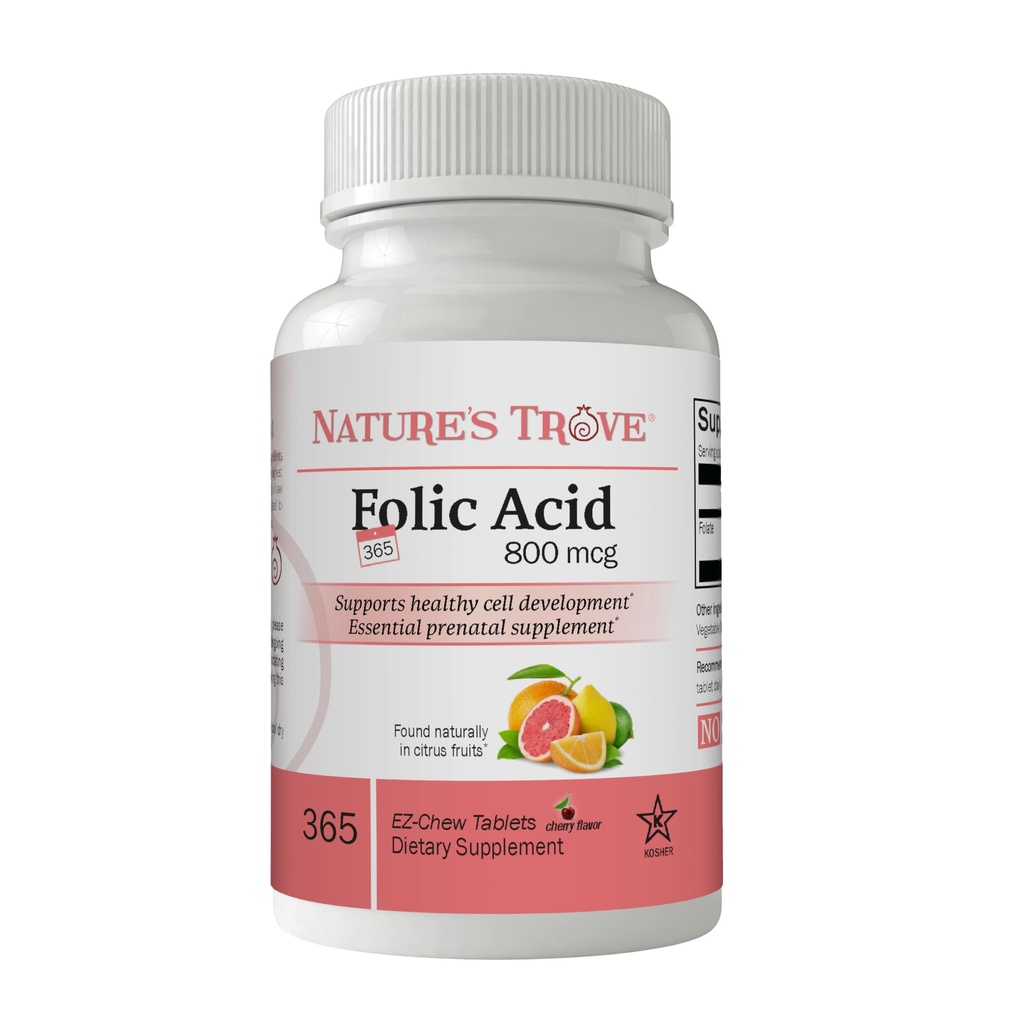 Nature's Trove Folic Acid 800 mcg (B9 Vitamin) 365 EZ Chew Tabletler Cherry Flavor