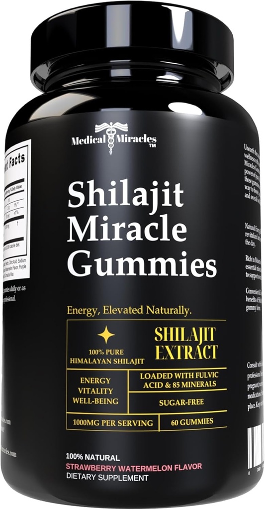 Tıbbi Mucizeler Shilajit Gummies - 1000 mg Saf Himalayalar w/Fulvic Acid, Vegan, Sugar-Free, High Potency. Enerji ve Immunity Support with Over 84 Minerals. 60 Delicious Gummies