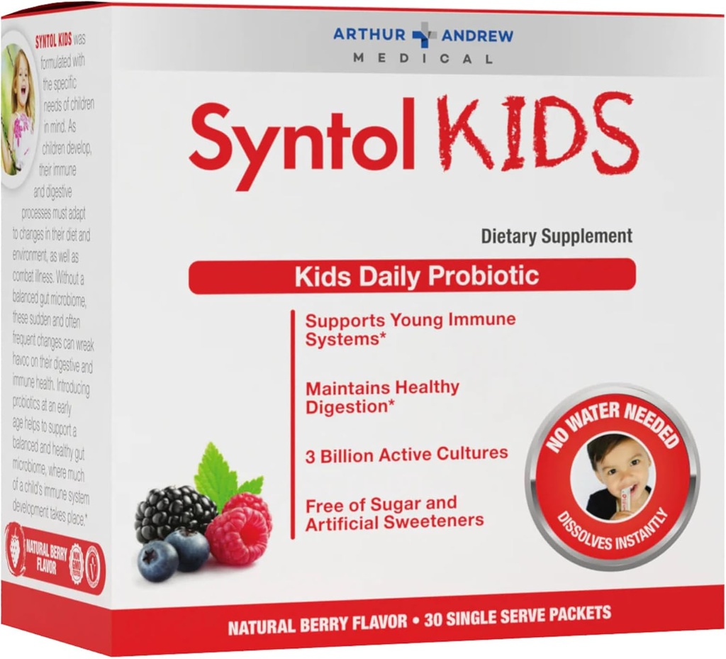 Arthur Andrew Medical, Syntol Kids, Daily Probiotic Supplement for Digestive Health and Young Immune Systems, No Sugar or Artificial Sweeteners, Berry Flavor, Vegan, 30 Sachets