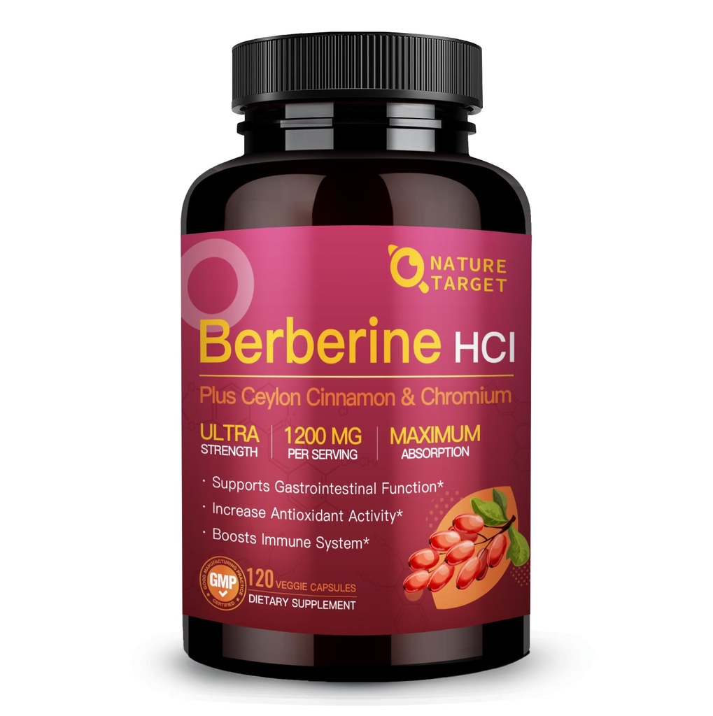 NATI TARGET Berberine HCl 1200 mg, Ceylon Cinnamon, Chromium - Destekler Immune, Gastrointestinal & Heart Health, Non-GMO, 120 Capsules