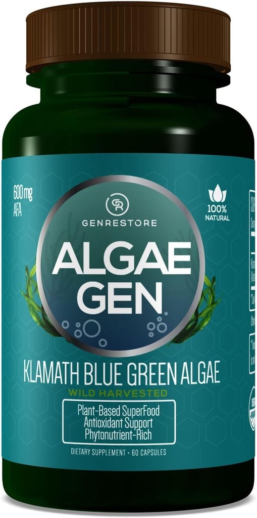 Gen Restore Natural AFA Stem Hücre Celulas Madres Klamath Blue - Green Algae Spirulina veya Chrlorella Phytonutrient- Rich, SuperFood 600 mg Aphanizomenon Flos-Aquae