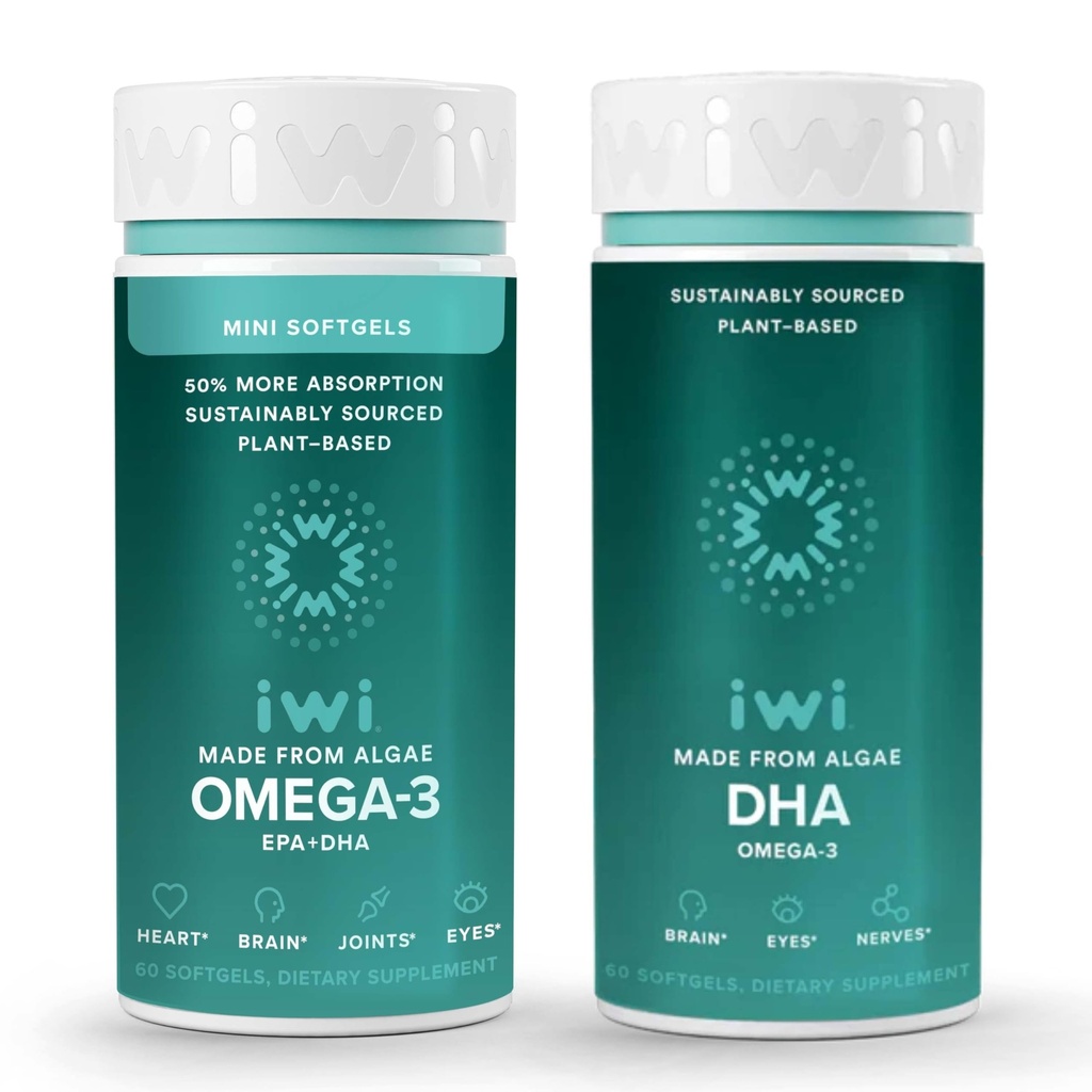Iwi Omega-3 Minis & DHA Omega-3 Sche, 30 Hizmet, Vegan Plant-Based Algae Omega 3, Krill & Fish Oil Alternative, No Fishy Aftertaste