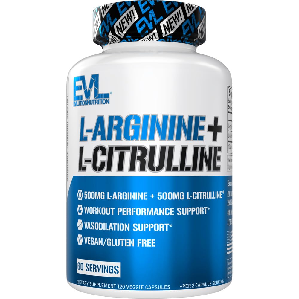 Evlution Beslenme L-Arginine + L-Citrulline - Endurance + Workout Performansı - 1000 mg Kompleks - Vasodilasyon + Nitrik Membran Desteği - Vegan + Gluten Free Capsules - 60 Hizmetler