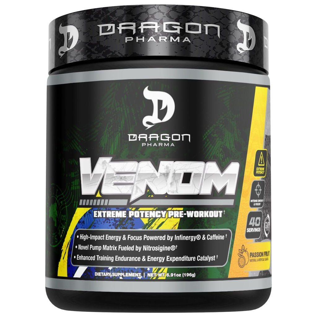 DRAGON PHARMA Venom Extreme Potency Pre-Workout, Laser Sharp Focus + Energy, Intense Performance, Proven Materialss for Advancedd Vasodilation & Endurance (40 Hizmet, Tutku Meyvesi)