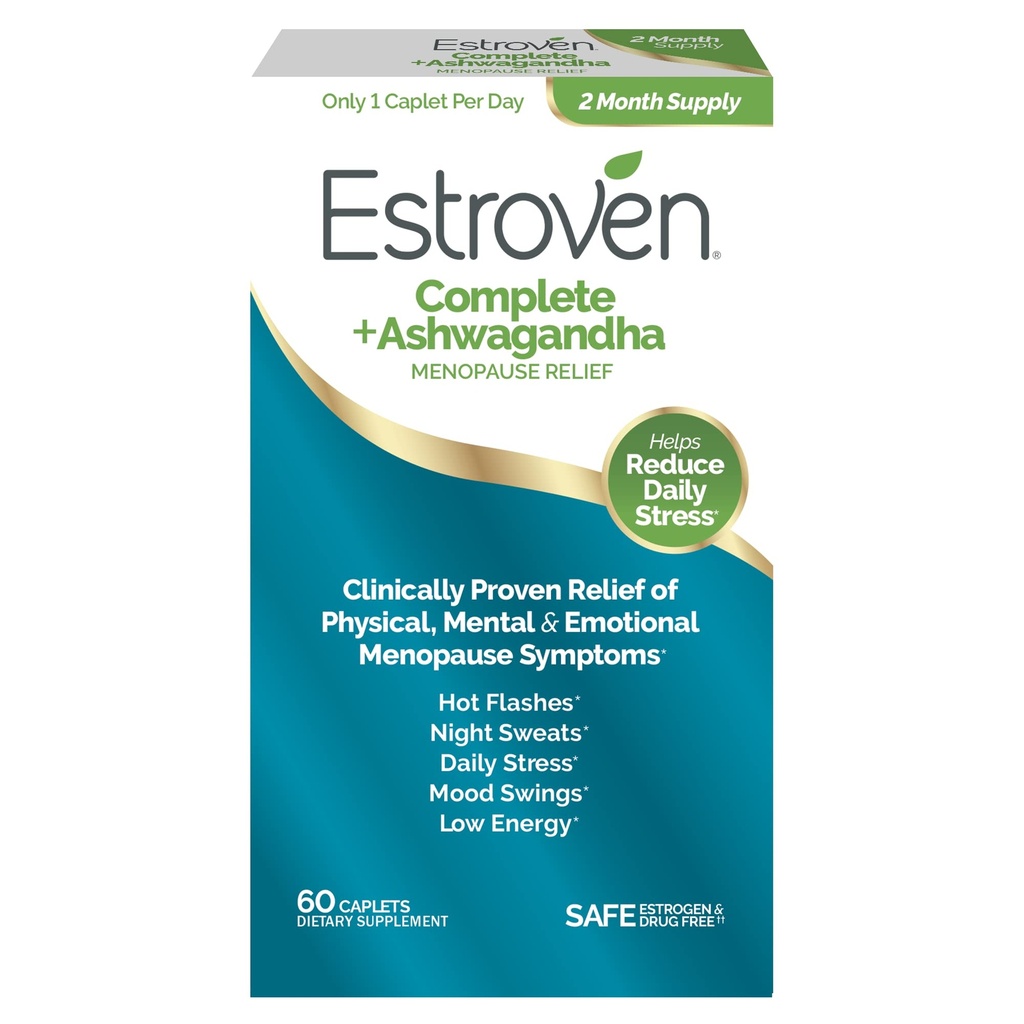 Estroven Tamam + Ashwagandha Multi-Symptom Menopause Supplement for Women - 60 Ct. - Klinik olarak Proven Malzemeler Menopause Relief & Night Sweats + Hot Flash Relief* - Drug-Free & Non-GMOMO