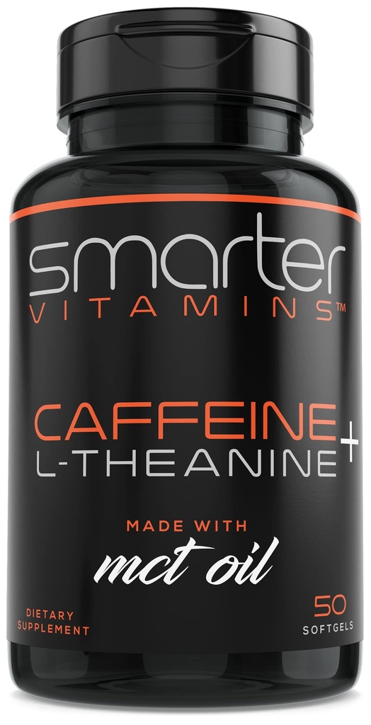 SmarterVitamins 200 mg Caffeine Pills - MCT% 100 Coconuts + 100 mg L-Theanine, Enerji ve Focus, Genişletilmiş Yayın Kapsülü, 50 Liquid Softgels