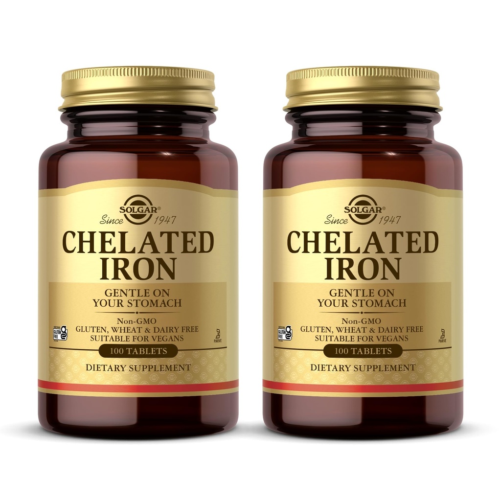 Solgar Chelated Iron - 100 Tablet, 2 Paket - Stomach'inizde - Non-GMO, Vegan, Gluten Free, Dairy Free, Kosher - 200 Toplam Hizmetler