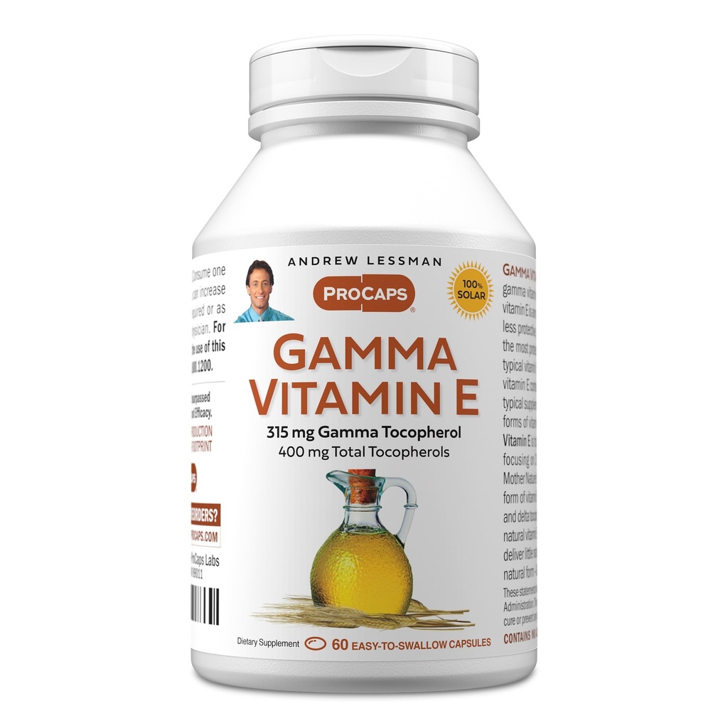 ANDREW LESSMAN Gamma Vitamin E 60 Softgels - 315 mg Gamma Tocopherol, Koruyucu Vitamin E. Dört Doğal Tocopherols Formları Ahiflower Oil ile Güçlü Anti-oksidan. Hiçbir Sentetik Form