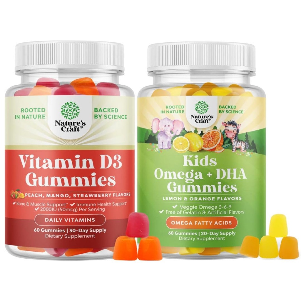 2000IU ile Daily Wellness için D3 Gummies for Daily Wellness, Bone Muscle & Immune Support and Kids DHA Omega 3 Gummies - Fatty Acids Omega 3 6 9 for Brain, Immune Strength & Vision