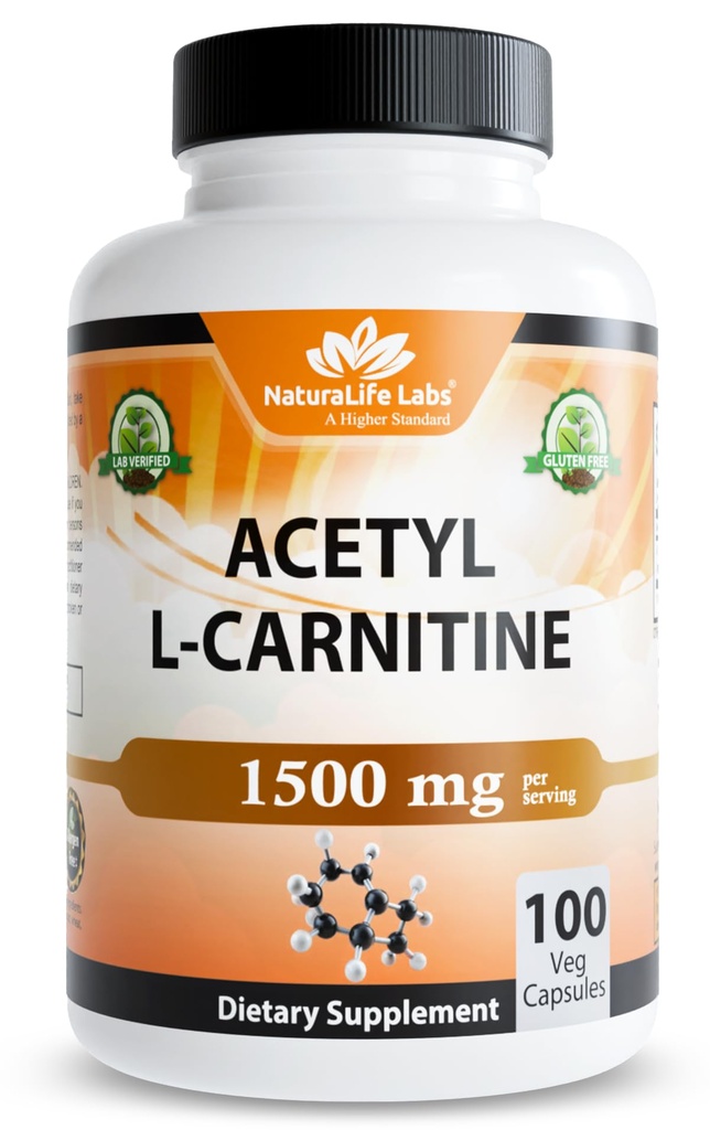 NaturaLife Labs Acetyl L-Carnitine (ALCAR) hizmet başına 1500 mg - 100 Capsules - Non-GMO, Gluten-Free, Vegan