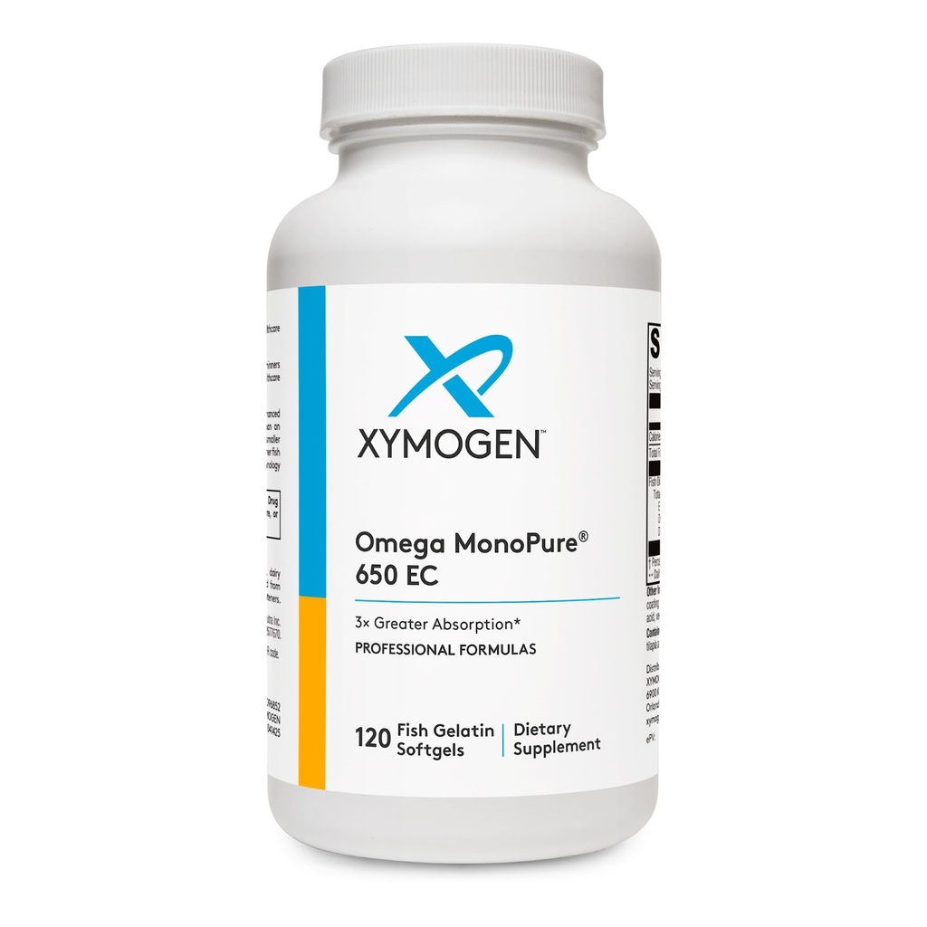 XYMOGEN Omega MonoPure 650 EC - Omega-3 Fish Oil Supplements for Women & Men - EPA, DHA & DPA - Smaller Softgels with 3X Greater Abpole - Support a natural heart & Cognition (120 Softgels)