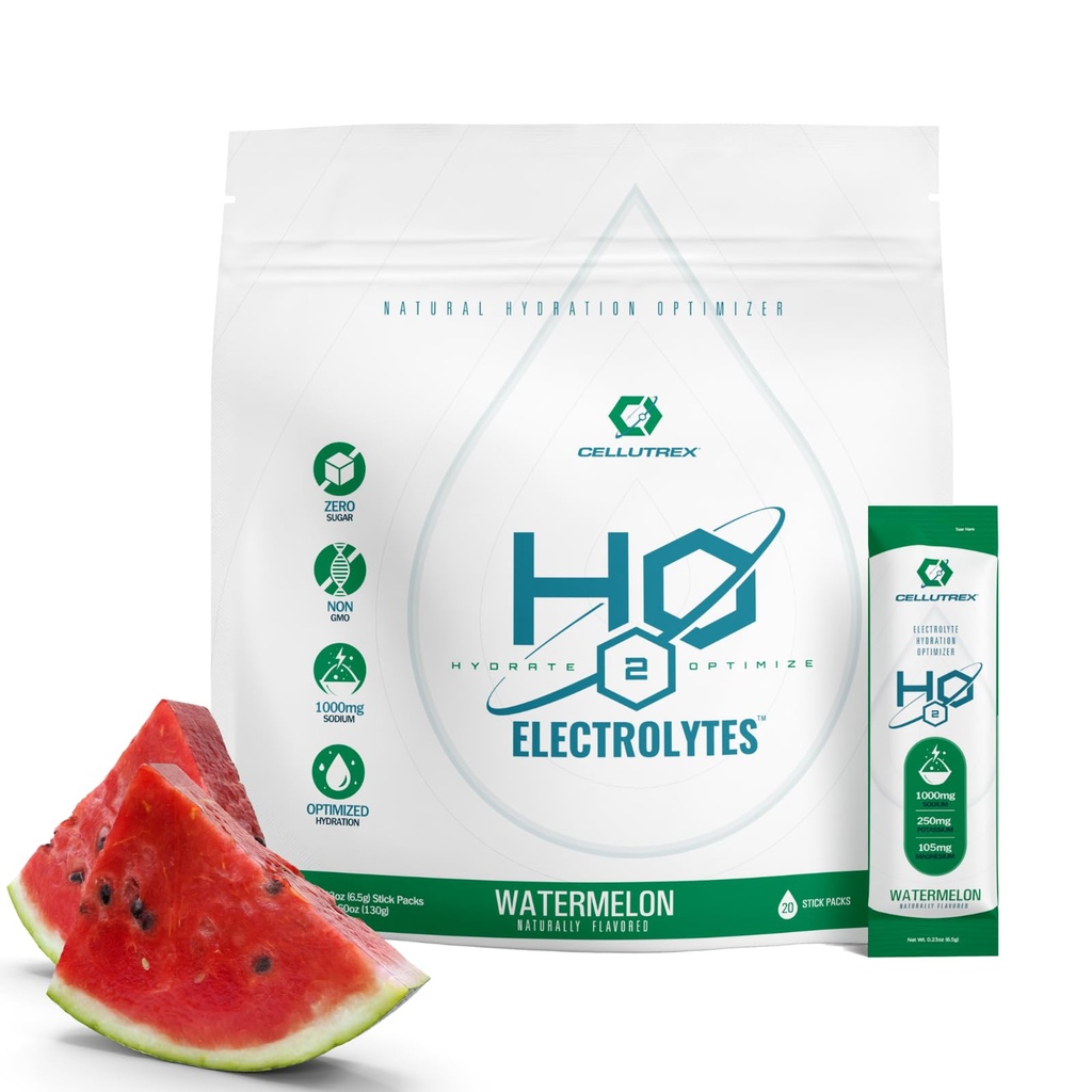 Cellutrex® H2O Electrolytes – Electrolyte Powder Drink Mix, Zero Sugar, Natural Himalayan Salt Hydration Packets for Recovery and Wellness, FSA-HSA, Watermelon, 20 Sticks