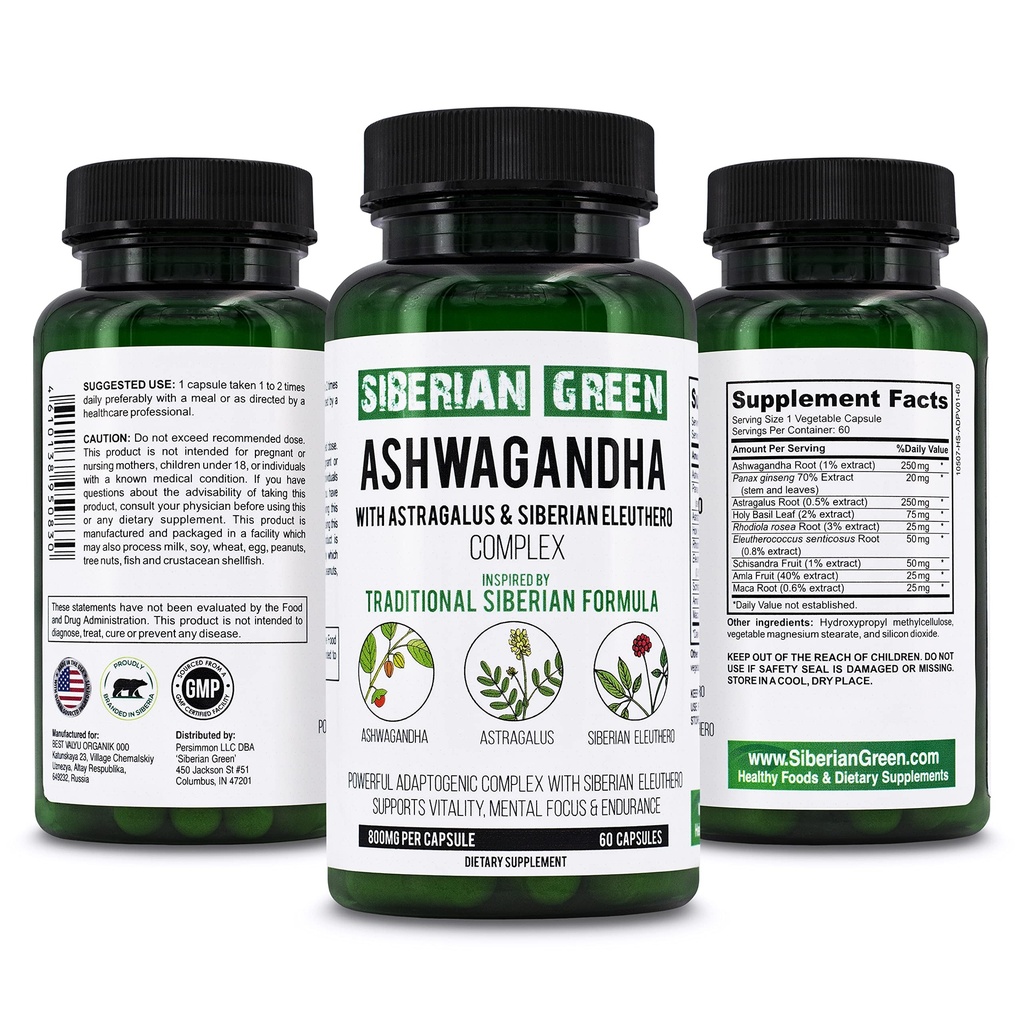 Sibirya Green Organic Ashwagandha Root with Astragalus & Sibirya Eleuthero BTC Kompleksi 60 Capsules Güçlü Herbal Support