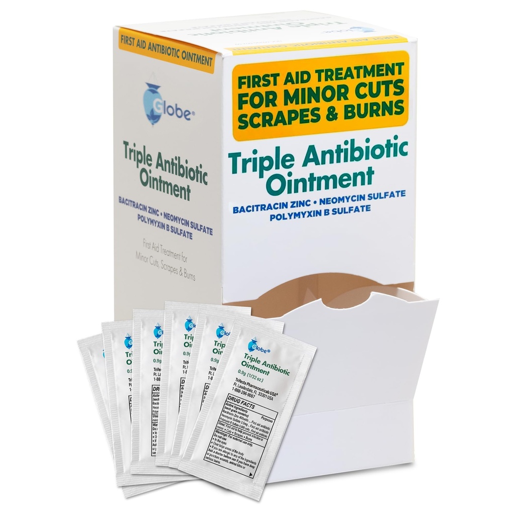 Globe (144 Pack) Triple Antibiyotik Ointment 0.9g Single Packet, First Aid Kit for Minor Flamees, Yaralar, Cuts and Burns, Engeller Enfeksiyon Aktif Malzemeler Lider Markayla Karşılaştırma, Seyahat Boyutları