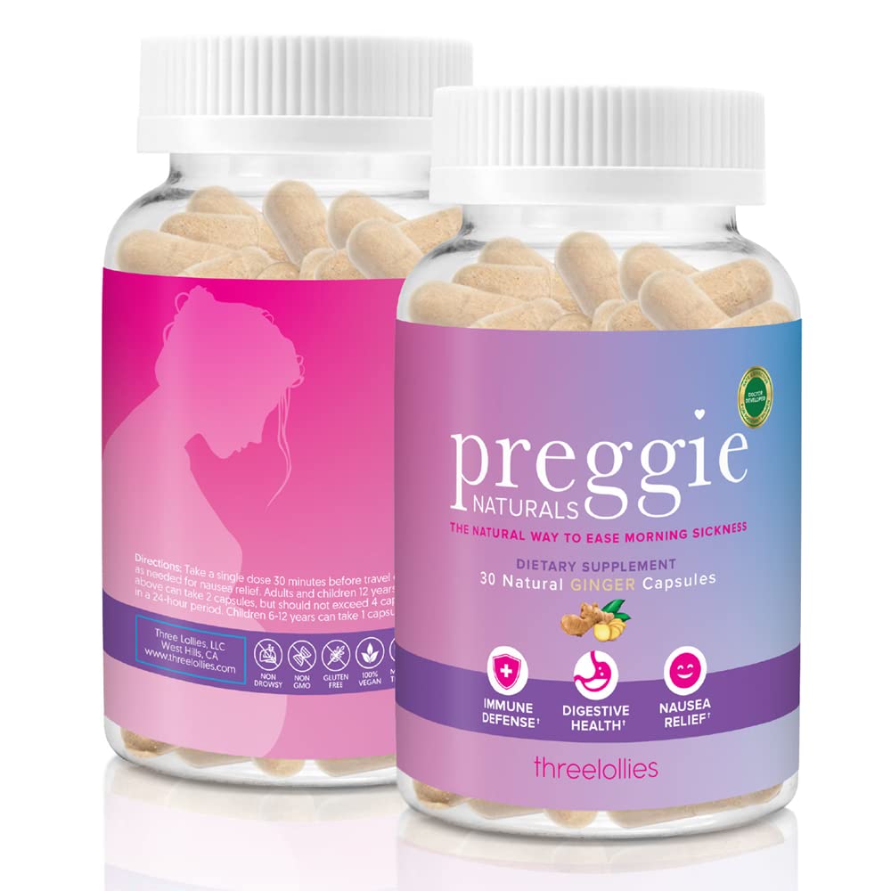 Preggie Three Lollies Naturals Ginger Capsules – Sabah Hastalığı – Doğal ve Doktor Geliştirildi - 15 Hizmet (2 Capsules/Serving) – Destek Immune Defense & Digestive Health