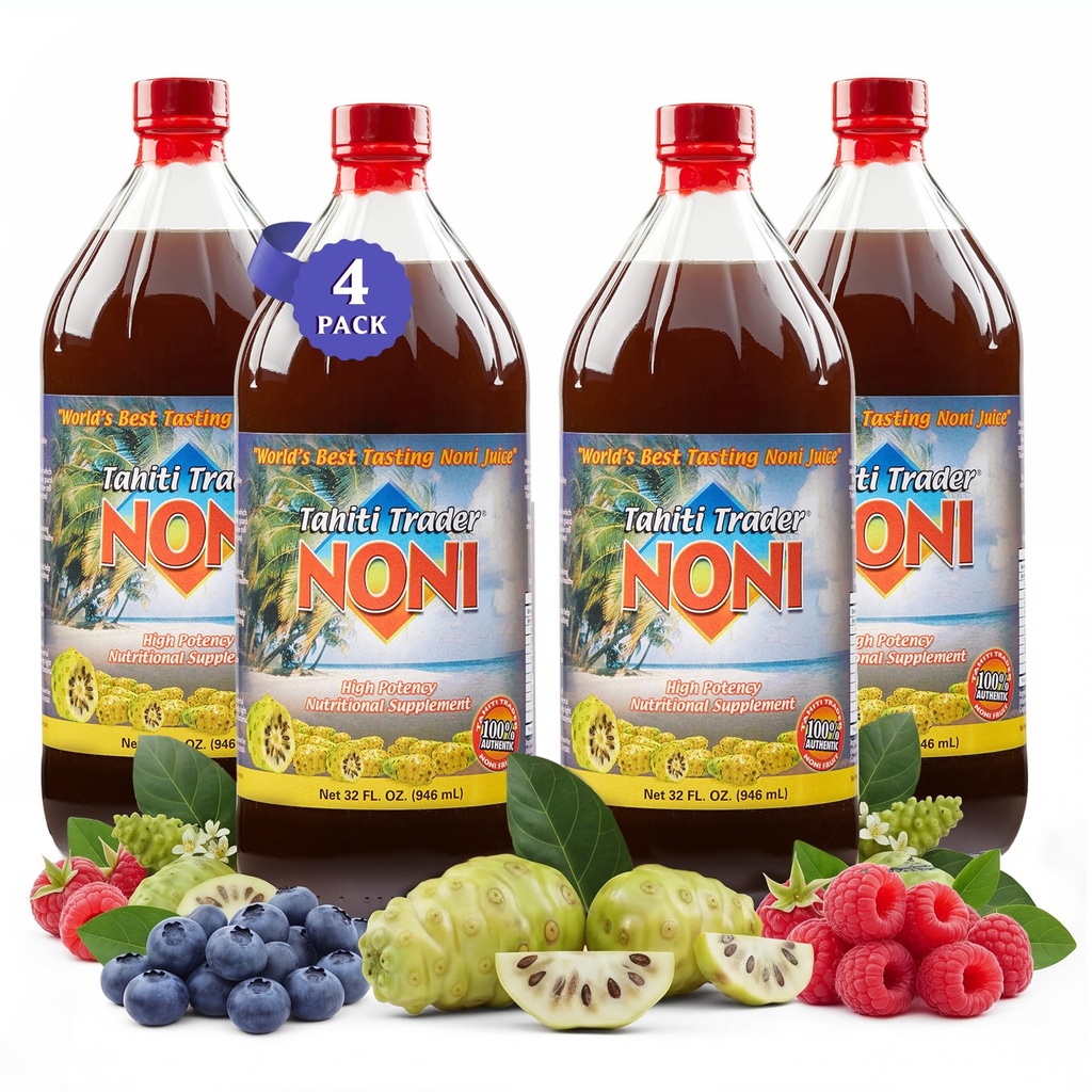 TAHITI TRADER (4-PK) Original High Potency Noni Juice - Pure Noni Fruit Juice with Blueberry & Raspberry - Organik Antioksi Superfood Supporting Energy & Body Health - (32oz, 4 Pack)