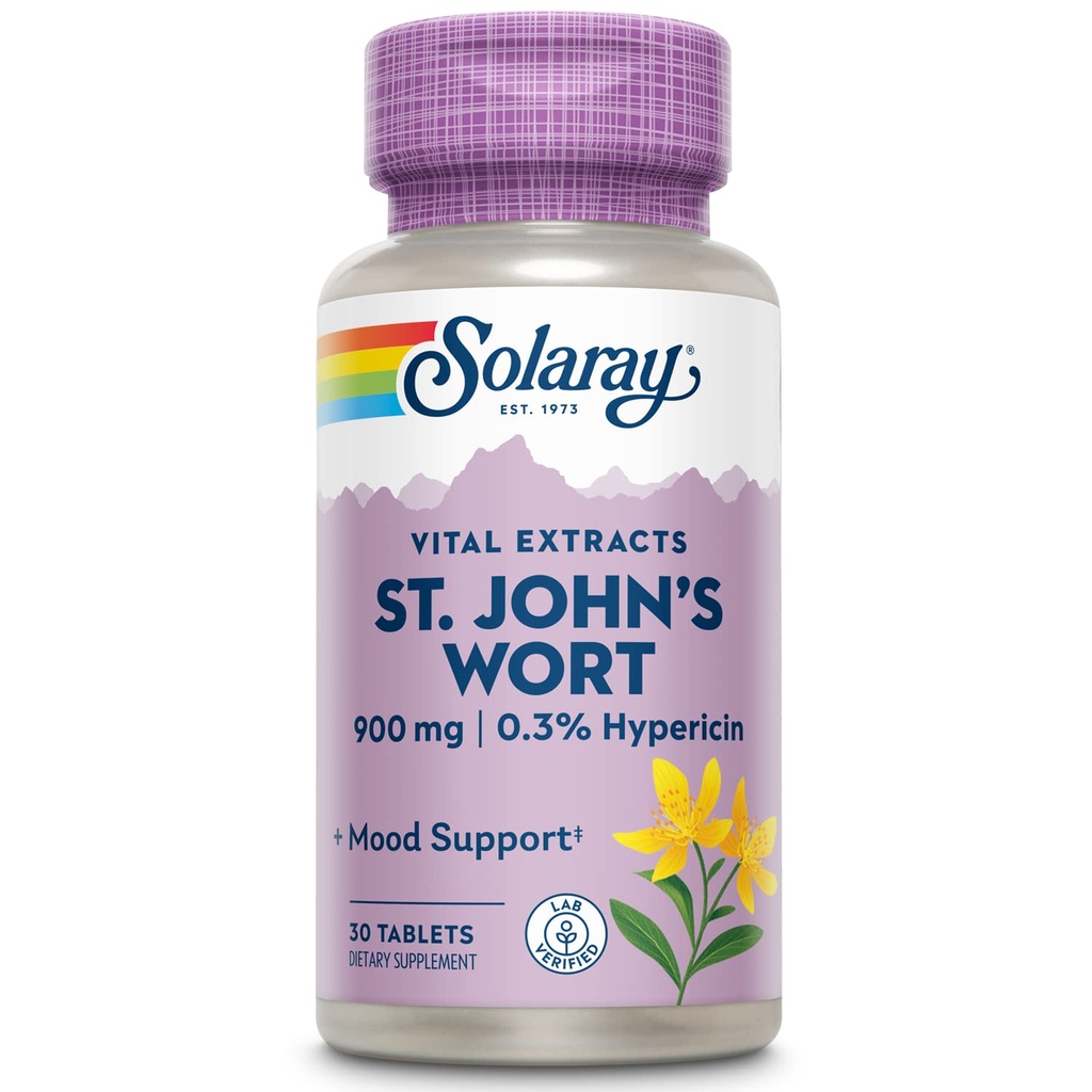 SOLARAY St John's Wort 900 mg, Once Daily Mood Support Supplement, Standardized to 0.3% Hipericin for Brain Health Support and a Balanced Mood, 60-Day Money Back Garanti | 30 Hizmet | 30 Tablet |