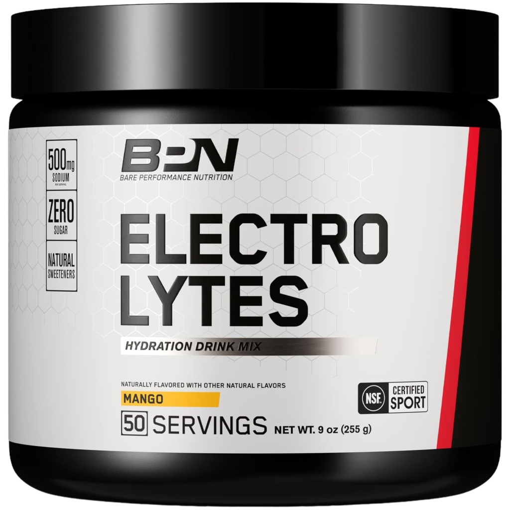 BARE PERFORMANCE NUTRITION BPN Electrolytes Hydration Drink Mix | Sugar Free Electrolyte Toz | 500 mg Sodyum per Service | Natural Sweetized | Mango, 50 Hizmetler