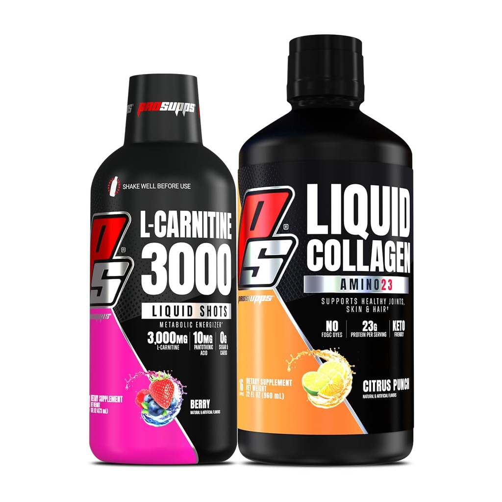 PROSUPPS L-Carnitine 3000 Stimulant Ücretsiz Sıvı Shots (Berry) Nitro23 Sıvı Collagen Shots (Citrus Punch) Schen