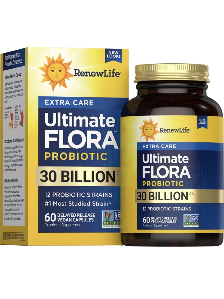 Renew Life Adult Probiotics 30 Billion CFU Guaranteed, 12 Strains, For Men & Women, Shelf Stable, Gluten Dairy & Soy Free, Ultimate Flora Extra Care, 60 Count, Pack of 1