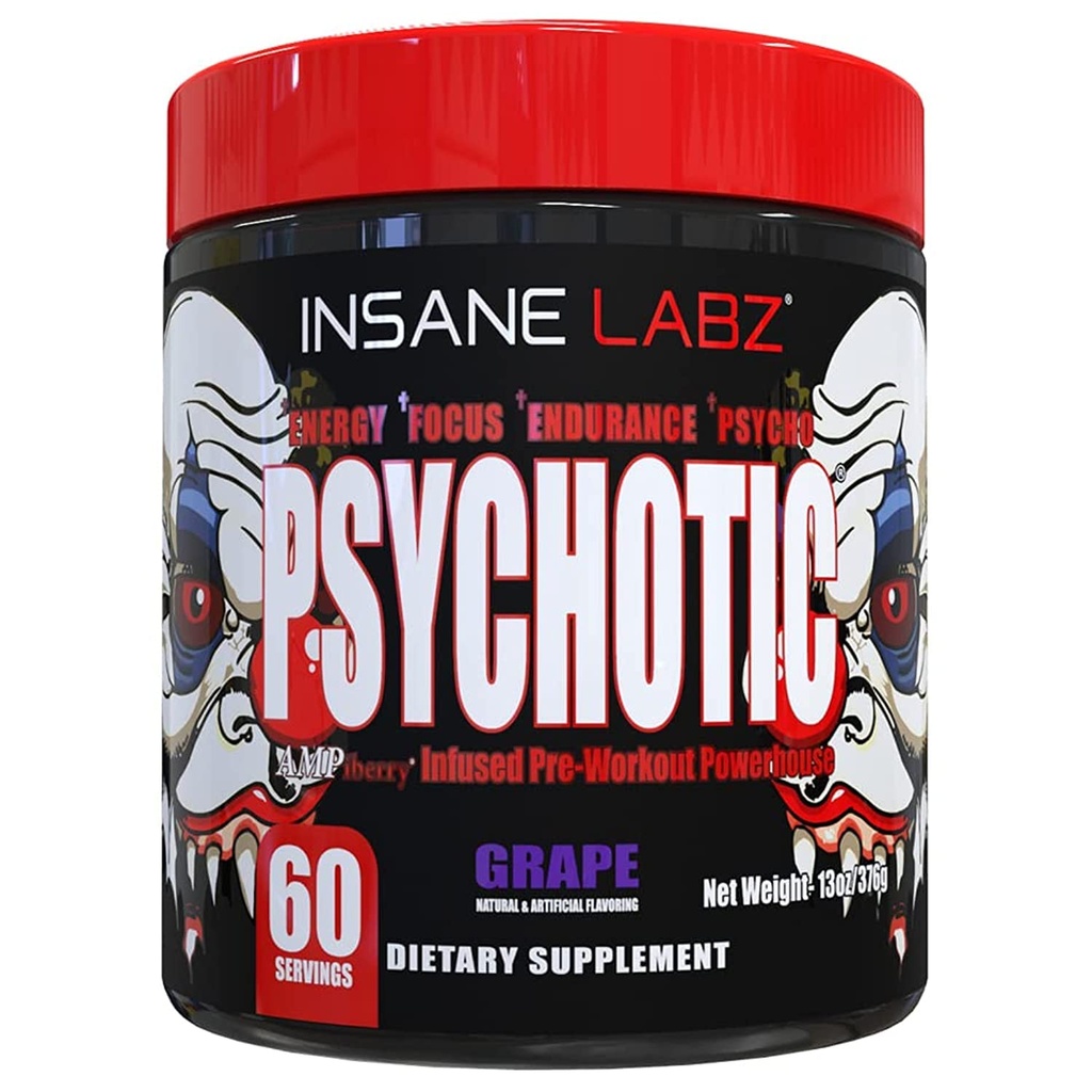 Insane Labz Psychotic, High Stimulant Pre Workout Toz, Extreme Lasting Energy, Focus and Endurance with Beta Alanine, Kretine Monohidrat, DMAE, 60 Srvgs, Grape