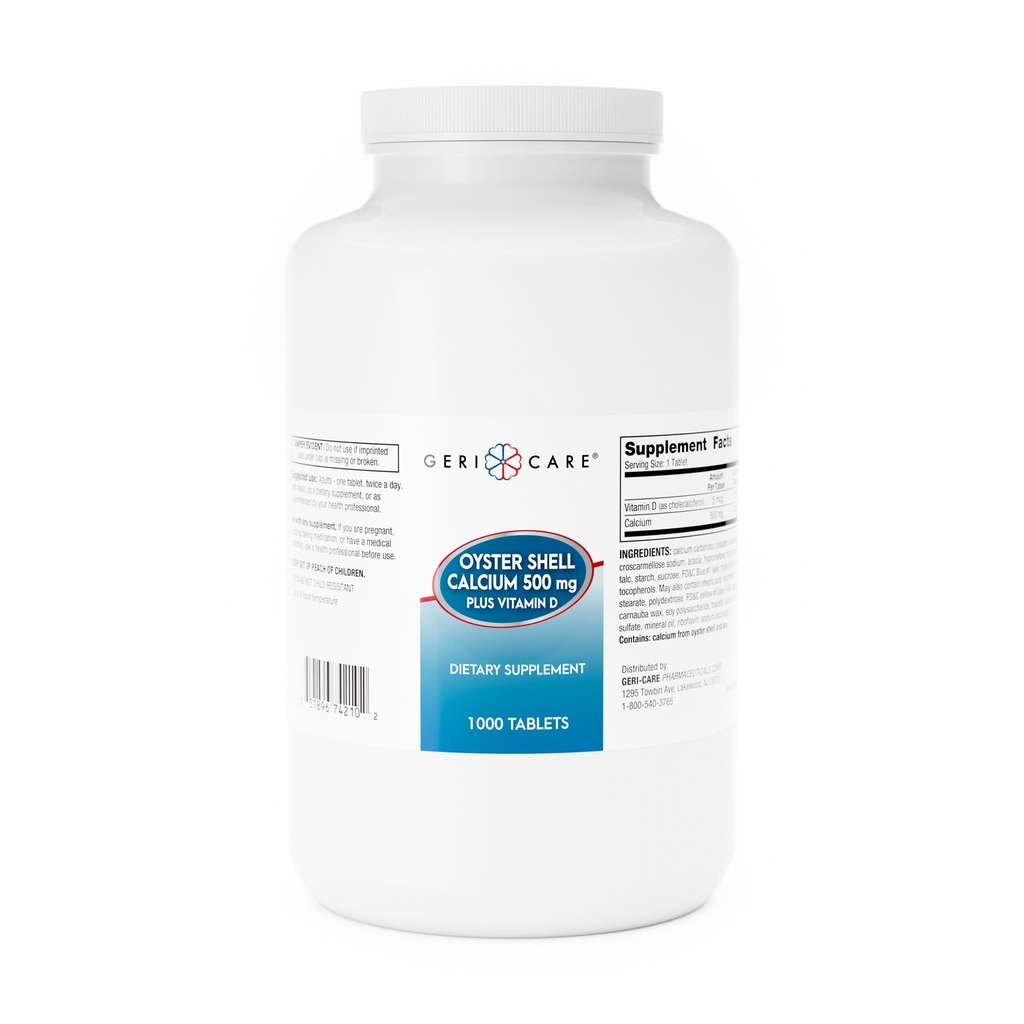 GeriCare Oyster Shelluba 500 mg + Vitamin D, Bone Health, Beslenme Supplement Tabletleri, 1000 Kont (köre 1)