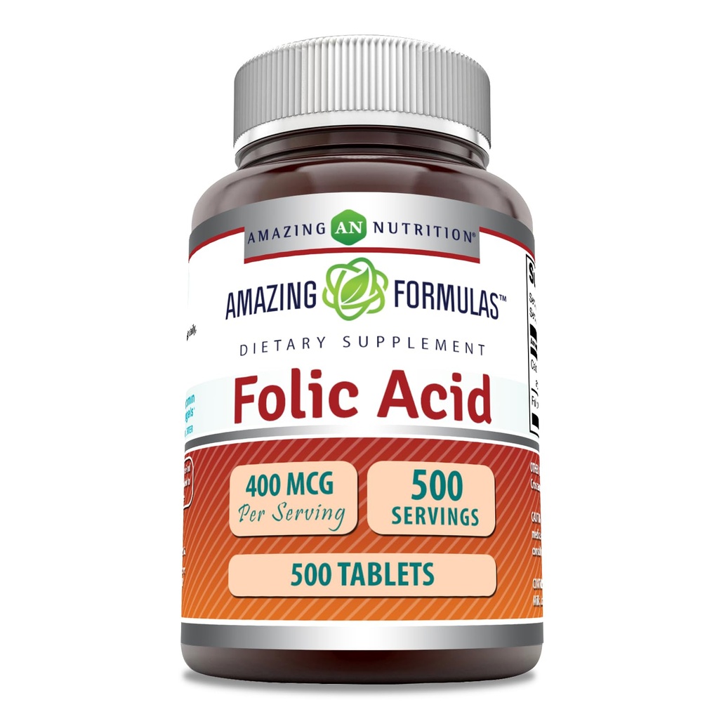 Amazing Formulas Folic Acid (Vitamin B9) 400 mcg | Tabletler Tamam | Non-GMO | Gluten Free | Made in USA (1 Pack, Count 500)