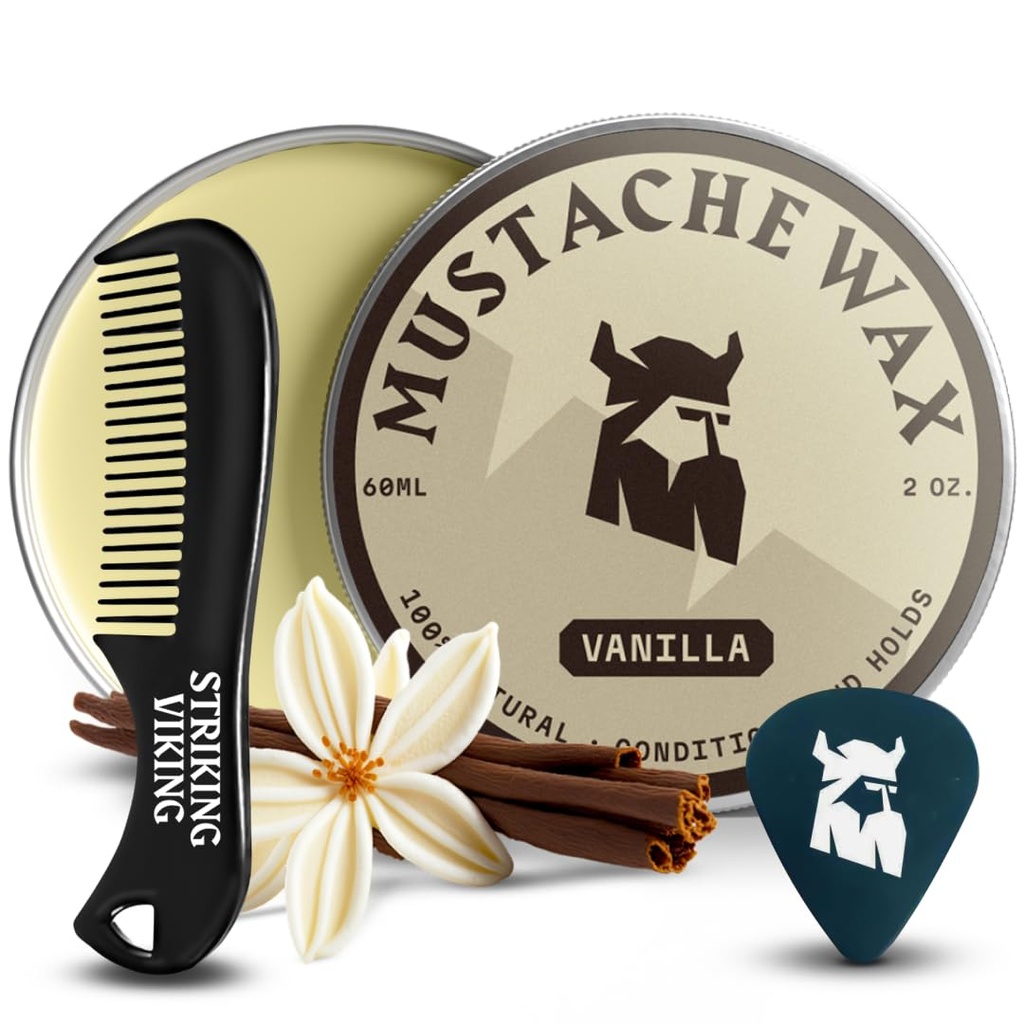 Viking Mustache Wax & Comb Kit - 2 oz, Vanilla - Full Mustache Grooming Kit for Men - Güçlü Styling & Wax Güçlü Hold - Pocket-Sized Precision & Styling Comb