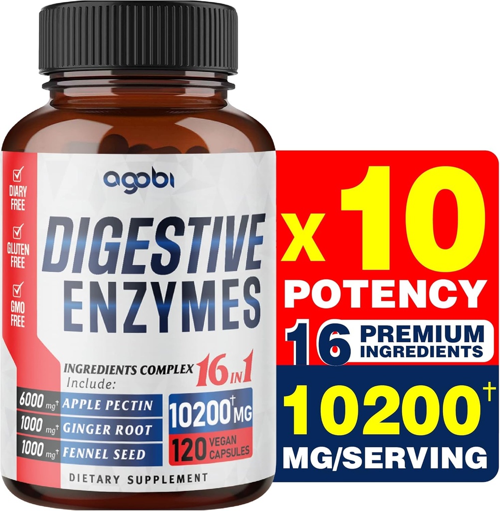agobi 10200 Mg Digestive Enzymes with Prebiyotik for Digestion, Immune & Body Support - 16in1 with Apple Pectin, Ginger Root, Prebiyotik System & More - 120 Capsules for 2 months